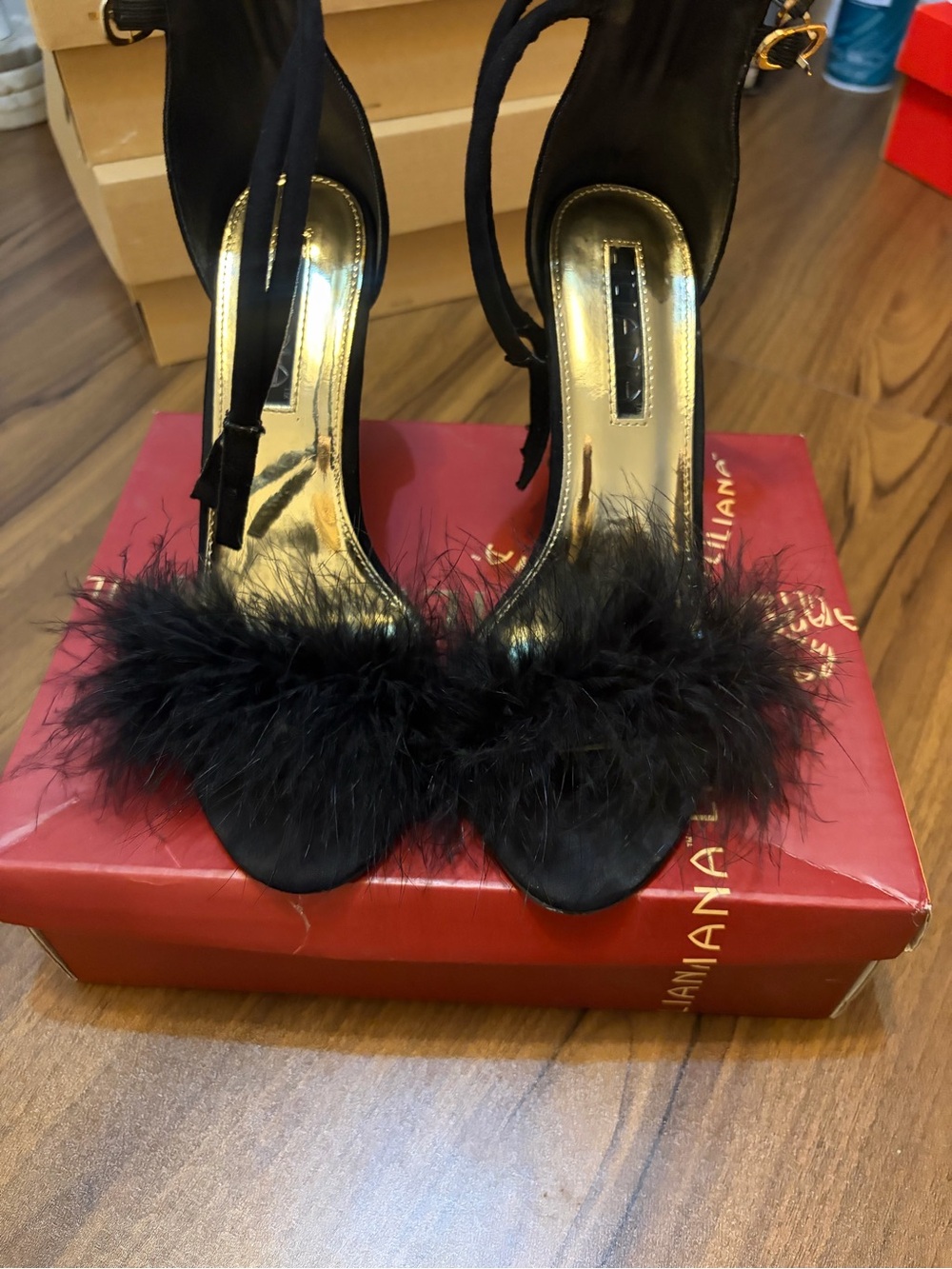 Black Feather Trim Ankle Strap Heels